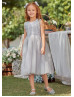 Gray Tulle Floral Applique Flower Girl Dress For Wedding